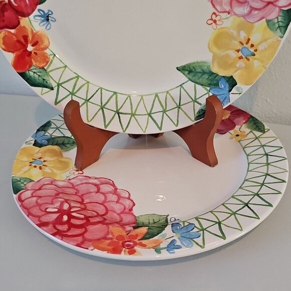 Pier 1 Dinner Plates 11" green lattice dahlia multicolor summer flowers set/ 2 - Picture 4 of 12